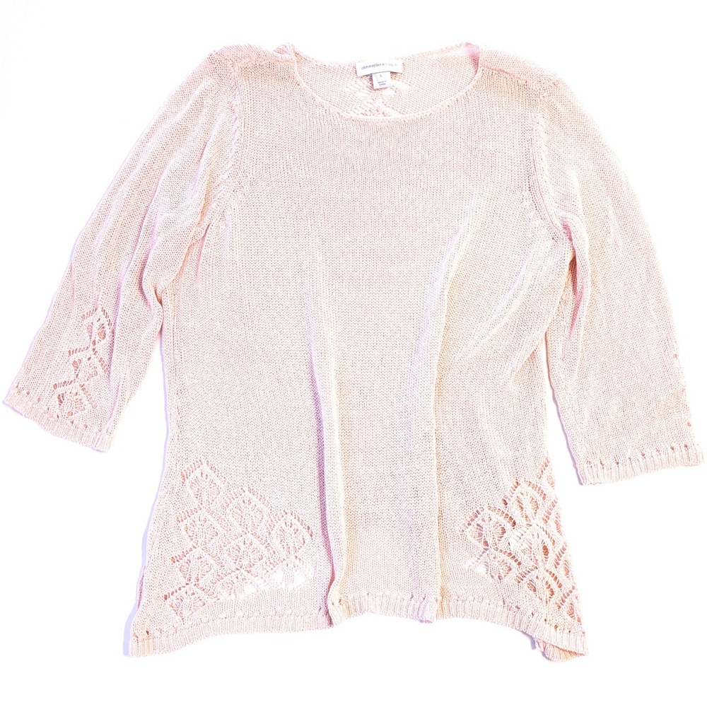 Christopher & Banks Pink Pointelle Knit Sweater Crochet Accent 3/4 Sleeve Large